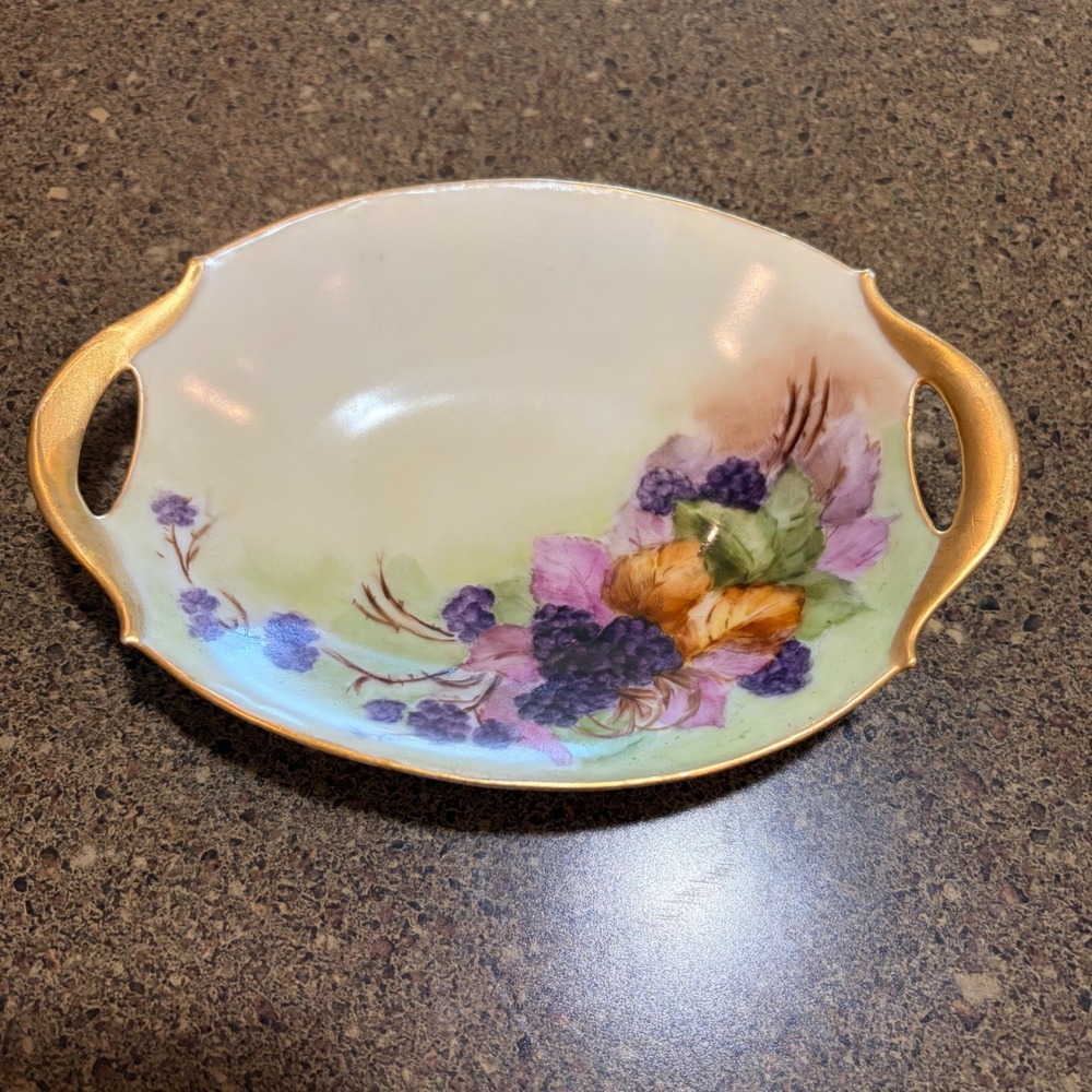Antique Bavaria Hand Painted Porcelain Oval Trinket Dish Gold Trim Berry Motif